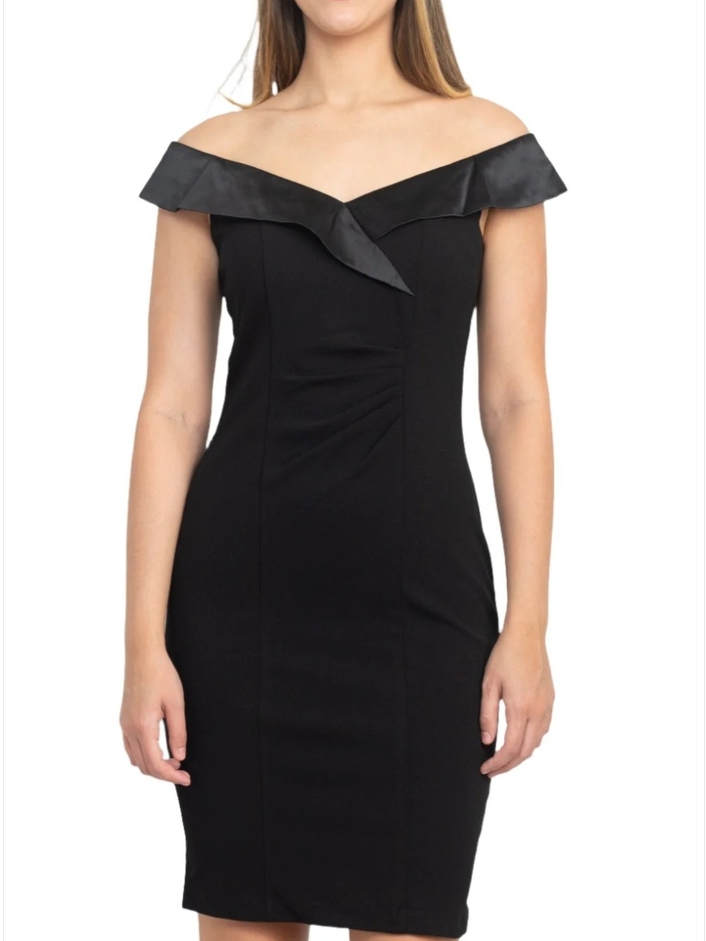 SL Fashions Black Off-Shoulder Sheath Dress with Satin Trim